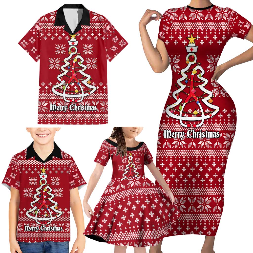 Nurse Merry Christmas Christmas Family Matching Short Sleeve Bodycon Dress and Hawaiian Shirt Xmas Holiday Patterns - Wonder Print Shop
