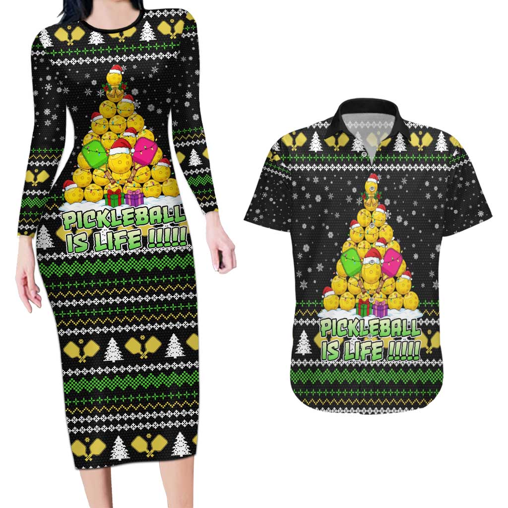 PickleBall Is Life Christmas Couples Matching Long Sleeve Bodycon Dress and Hawaiian Shirt Xmas Holiday Patterns - Wonder Print Shop