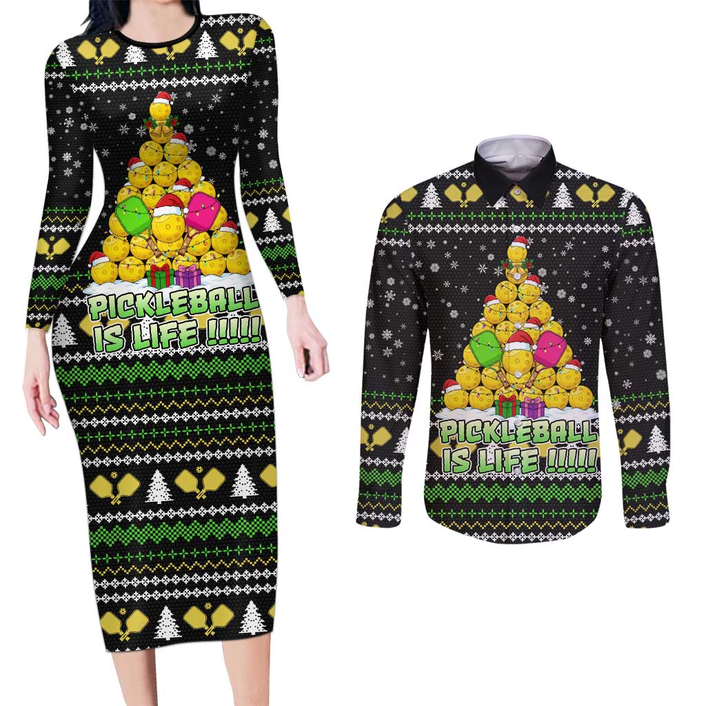 PickleBall Is Life Christmas Couples Matching Long Sleeve Bodycon Dress and Long Sleeve Button Shirt Xmas Holiday Patterns - Wonder Print Shop