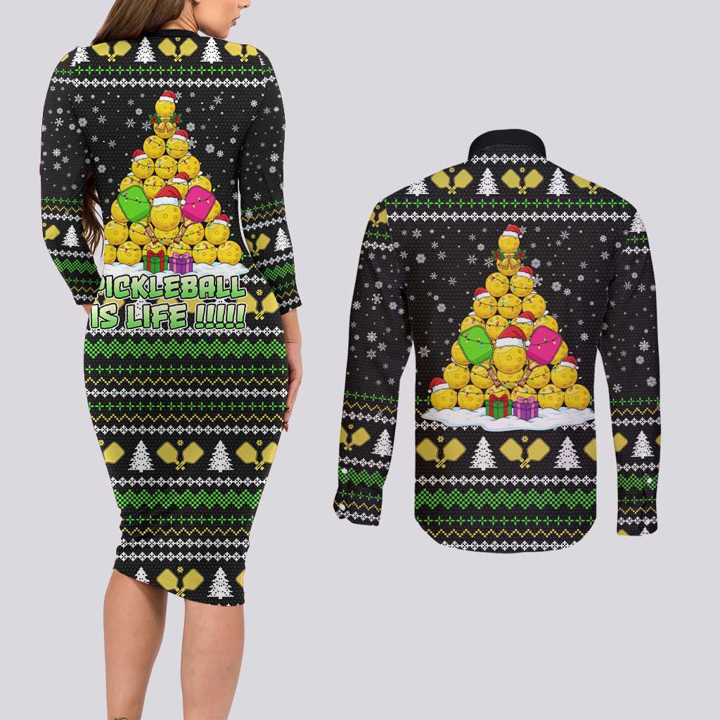 PickleBall Is Life Christmas Couples Matching Long Sleeve Bodycon Dress and Long Sleeve Button Shirt Xmas Holiday Patterns - Wonder Print Shop