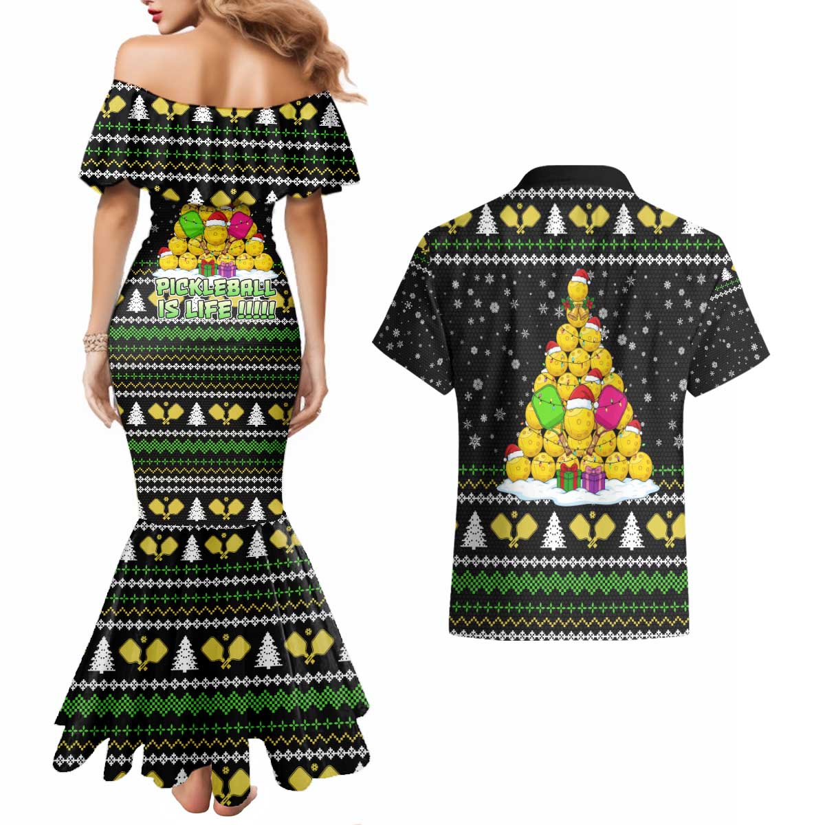 PickleBall Is Life Christmas Couples Matching Mermaid Dress and Hawaiian Shirt Xmas Holiday Patterns - Wonder Print Shop
