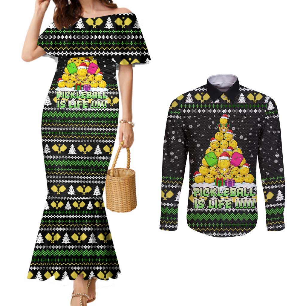 PickleBall Is Life Christmas Couples Matching Mermaid Dress and Long Sleeve Button Shirt Xmas Holiday Patterns - Wonder Print Shop