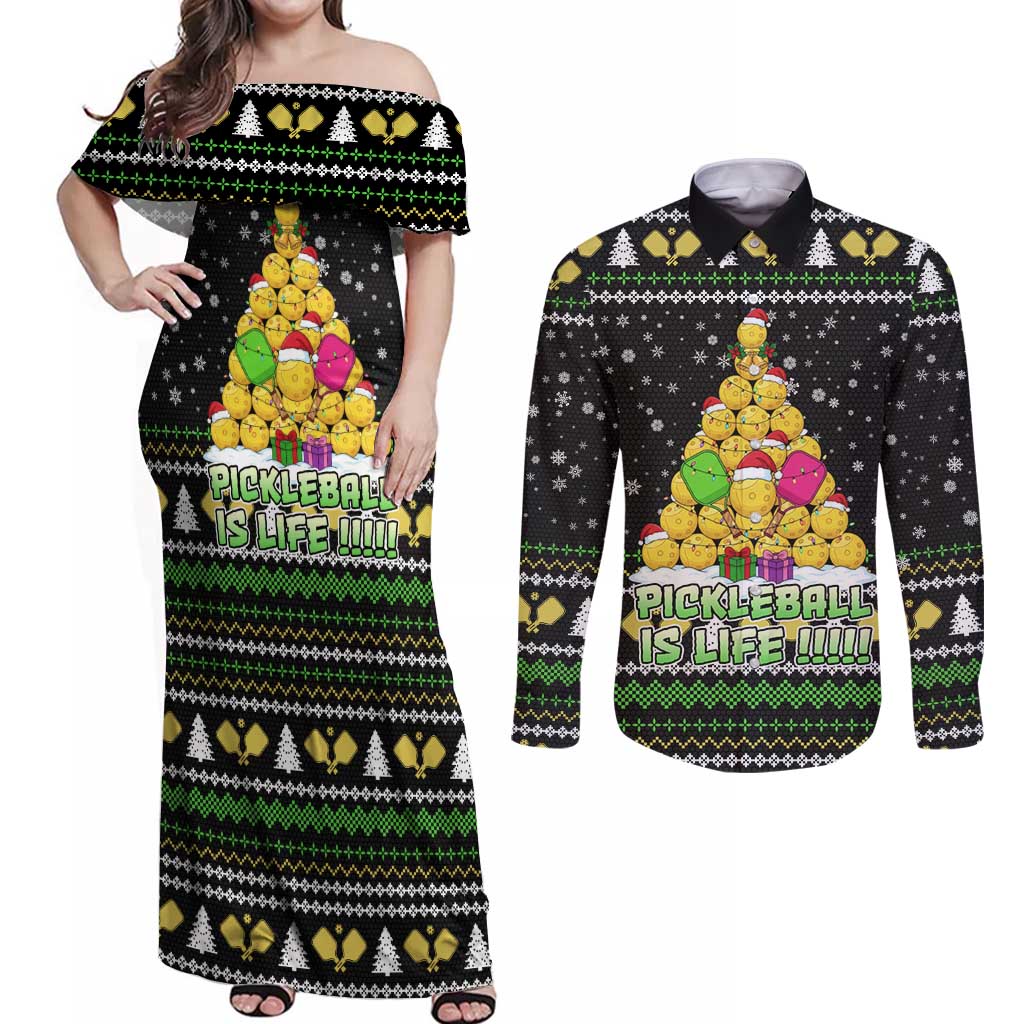 PickleBall Is Life Christmas Couples Matching Off Shoulder Maxi Dress and Long Sleeve Button Shirt Xmas Holiday Patterns - Wonder Print Shop