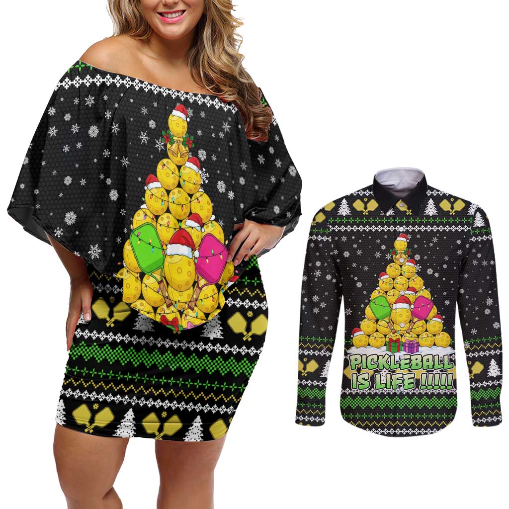 PickleBall Is Life Christmas Couples Matching Off Shoulder Short Dress and Long Sleeve Button Shirt Xmas Holiday Patterns - Wonder Print Shop