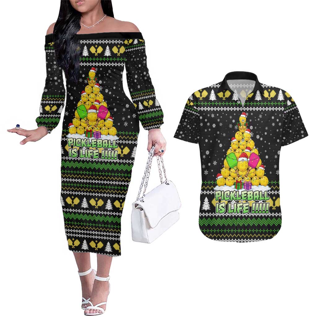 PickleBall Is Life Christmas Couples Matching Off The Shoulder Long Sleeve Dress and Hawaiian Shirt Xmas Holiday Patterns - Wonder Print Shop