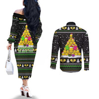PickleBall Is Life Christmas Couples Matching Off The Shoulder Long Sleeve Dress and Long Sleeve Button Shirt Xmas Holiday Patterns - Wonder Print Shop