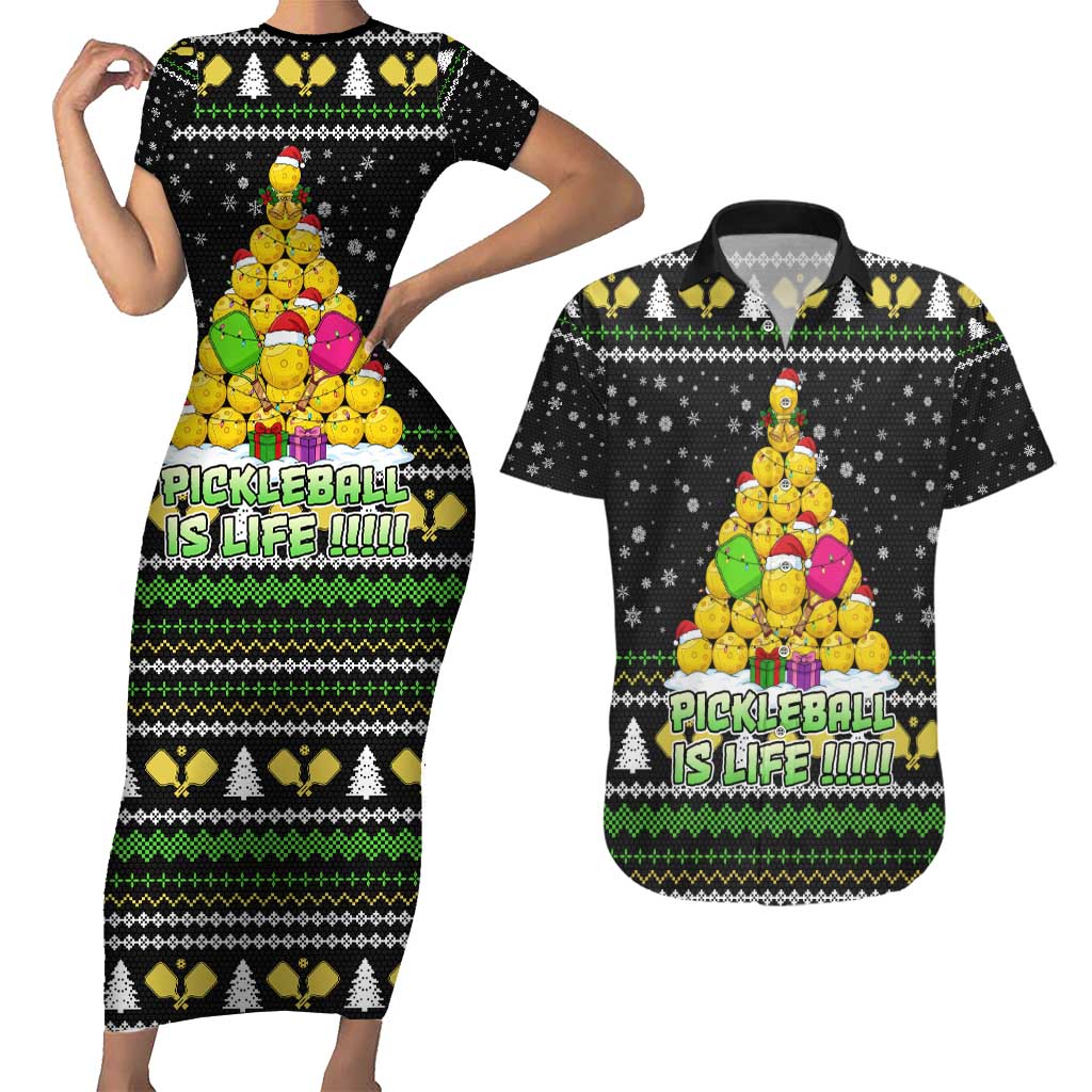 PickleBall Is Life Christmas Couples Matching Short Sleeve Bodycon Dress and Hawaiian Shirt Xmas Holiday Patterns - Wonder Print Shop