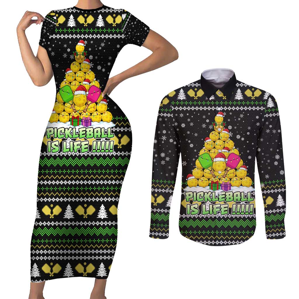 PickleBall Is Life Christmas Couples Matching Short Sleeve Bodycon Dress and Long Sleeve Button Shirt Xmas Holiday Patterns - Wonder Print Shop