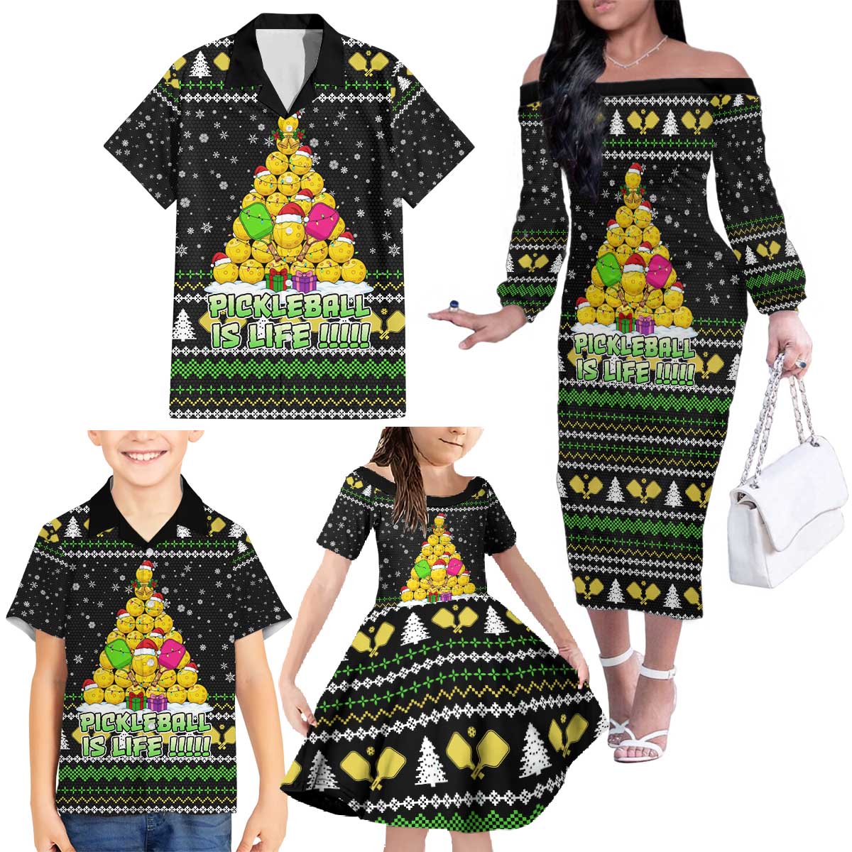 PickleBall Is Life Christmas Family Matching Off The Shoulder Long Sleeve Dress and Hawaiian Shirt Xmas Holiday Patterns - Wonder Print Shop