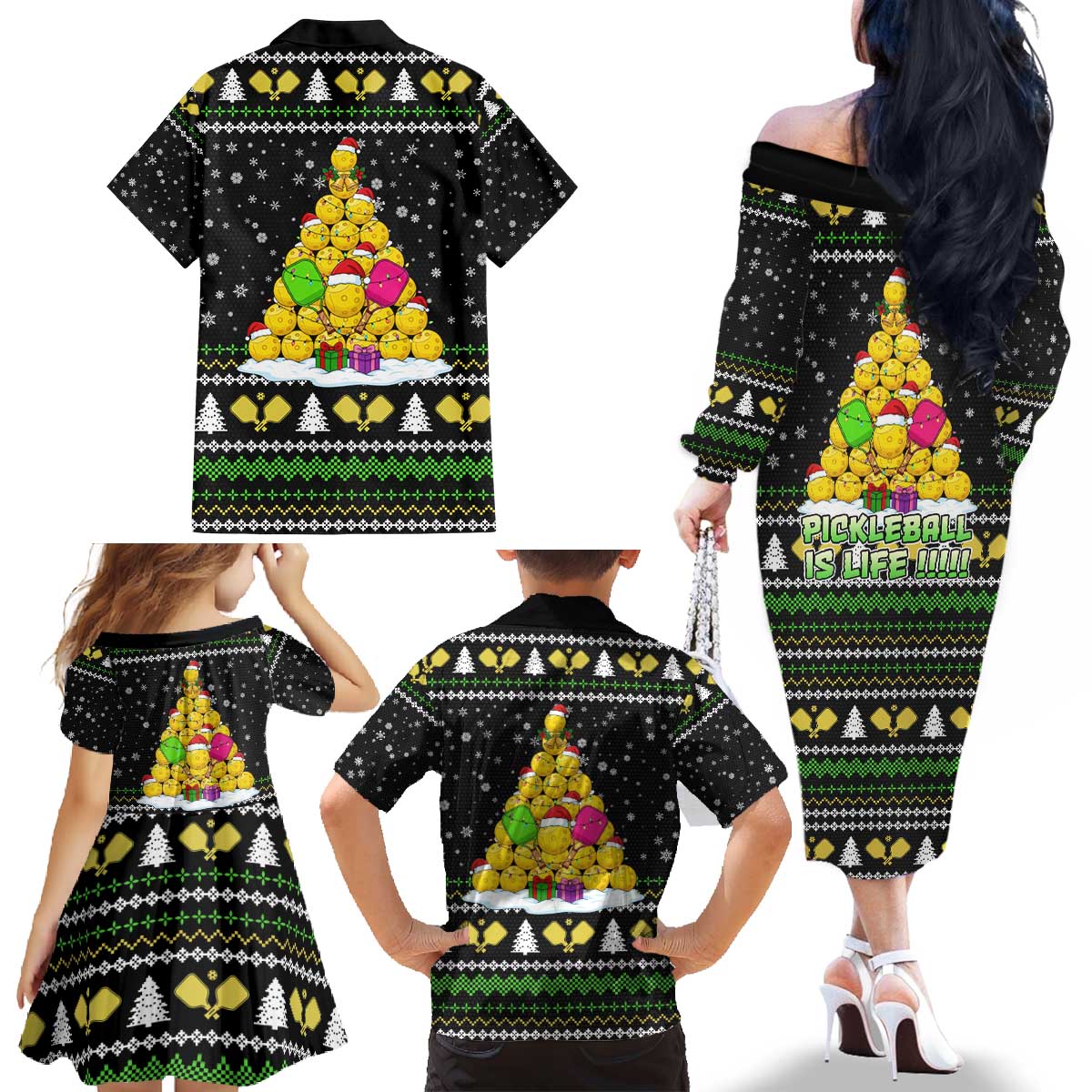 PickleBall Is Life Christmas Family Matching Off The Shoulder Long Sleeve Dress and Hawaiian Shirt Xmas Holiday Patterns - Wonder Print Shop