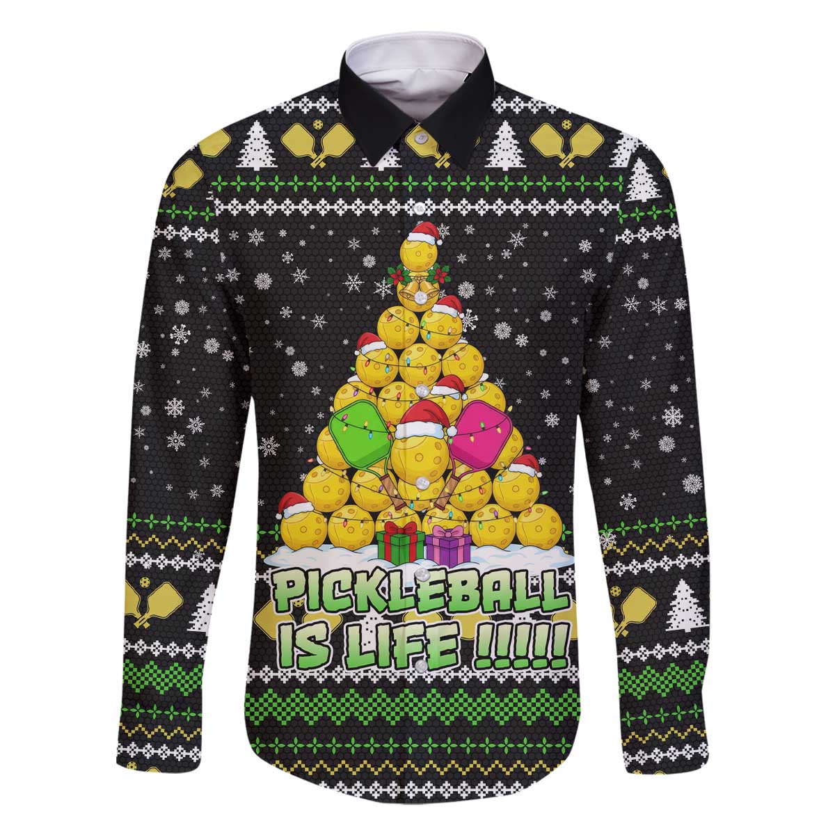 PickleBall Is Life Christmas Family Matching Off The Shoulder Long Sleeve Dress and Hawaiian Shirt Xmas Holiday Patterns - Wonder Print Shop