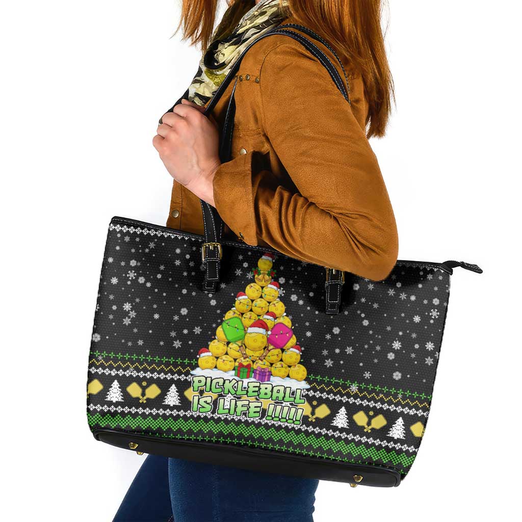 PickleBall Is Life Christmas Leather Tote Bag Xmas Holiday Patterns - Wonder Print Shop