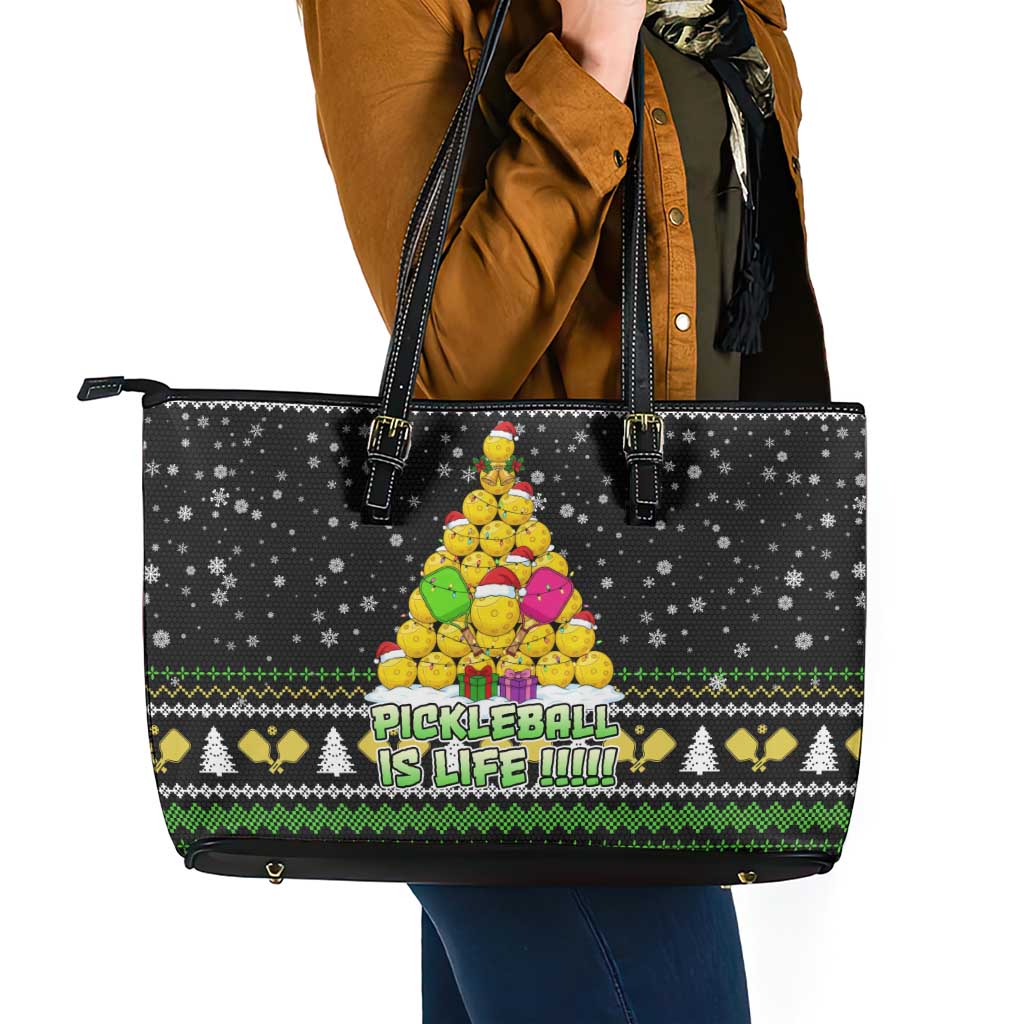 PickleBall Is Life Christmas Leather Tote Bag Xmas Holiday Patterns - Wonder Print Shop