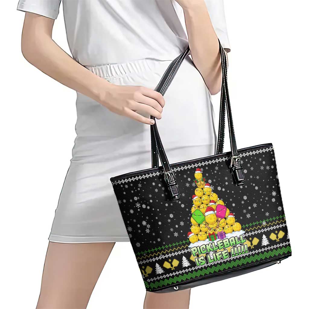 PickleBall Is Life Christmas Leather Tote Bag Xmas Holiday Patterns - Wonder Print Shop
