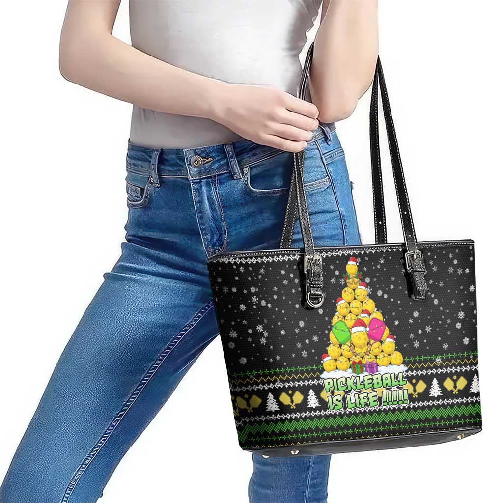 PickleBall Is Life Christmas Leather Tote Bag Xmas Holiday Patterns - Wonder Print Shop