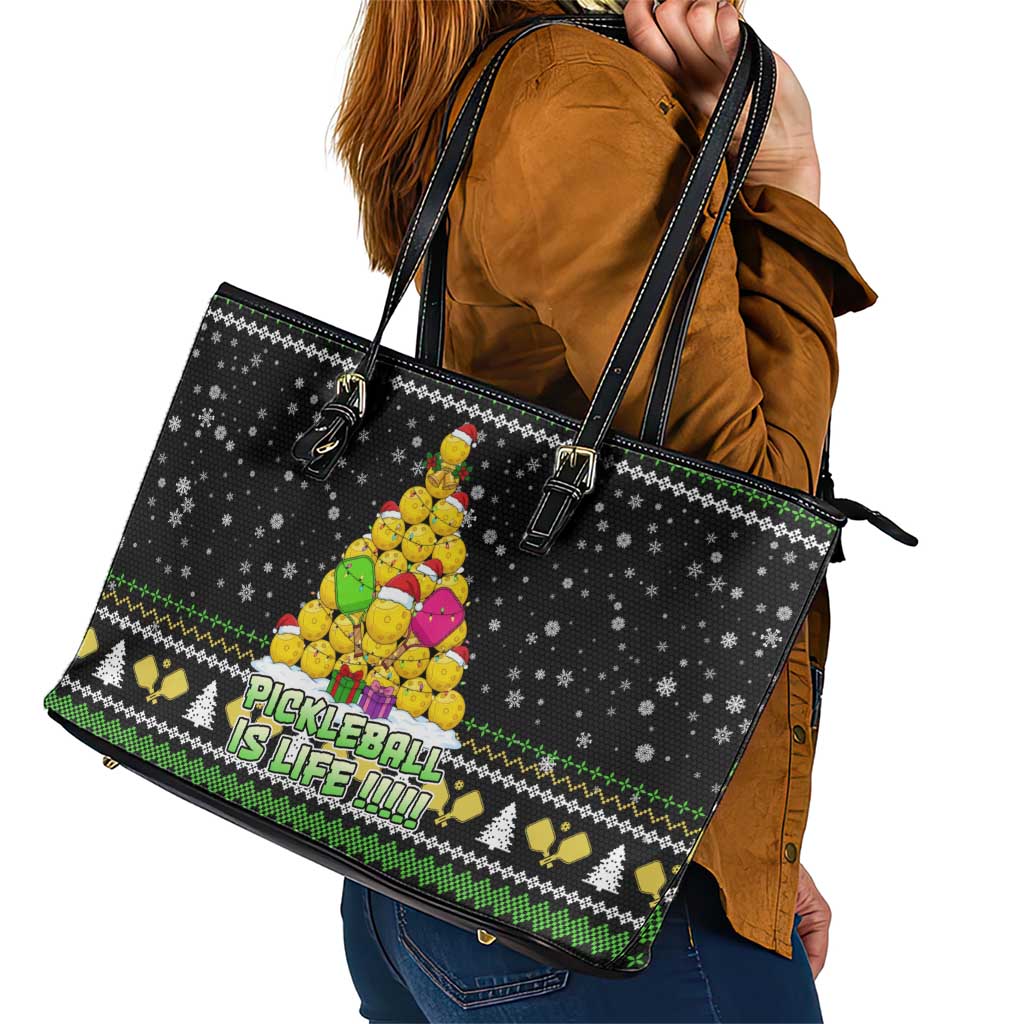 PickleBall Is Life Christmas Leather Tote Bag Xmas Holiday Patterns - Wonder Print Shop