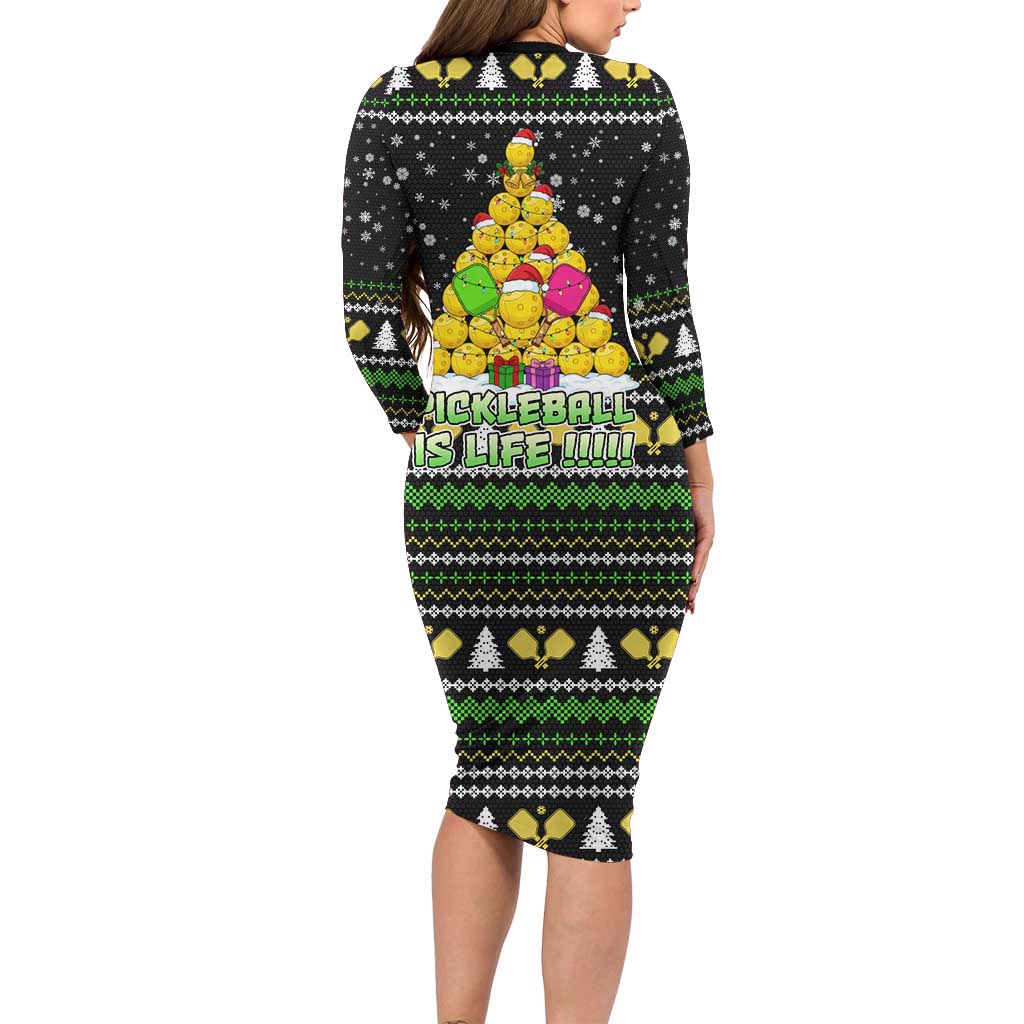 PickleBall Is Life Christmas Long Sleeve Bodycon Dress Xmas Holiday Patterns - Wonder Print Shop