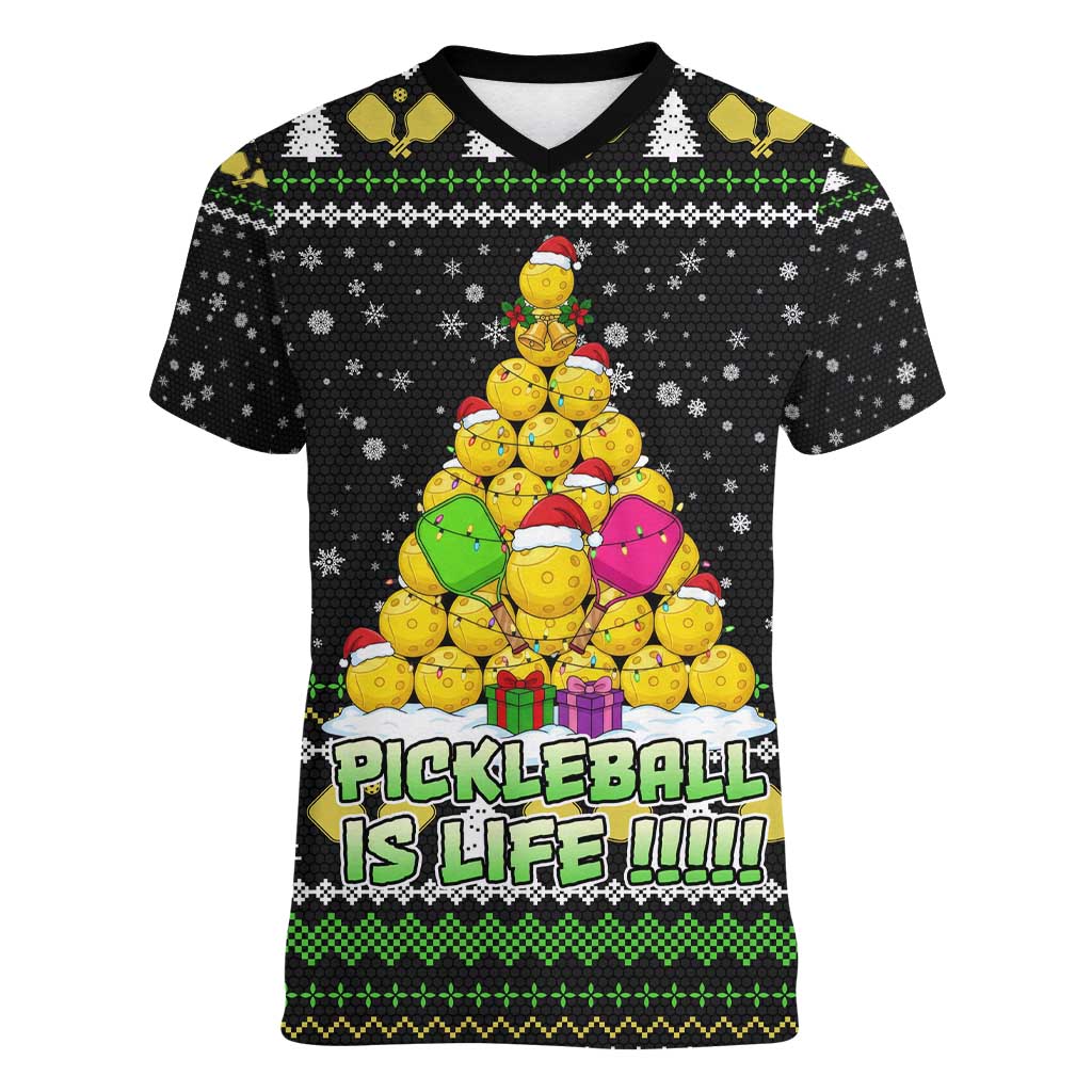 PickleBall Is Life Christmas Women V-Neck T-Shirt Xmas Holiday Patterns - Wonder Print Shop