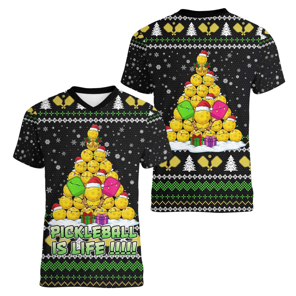 PickleBall Is Life Christmas Women V-Neck T-Shirt Xmas Holiday Patterns - Wonder Print Shop