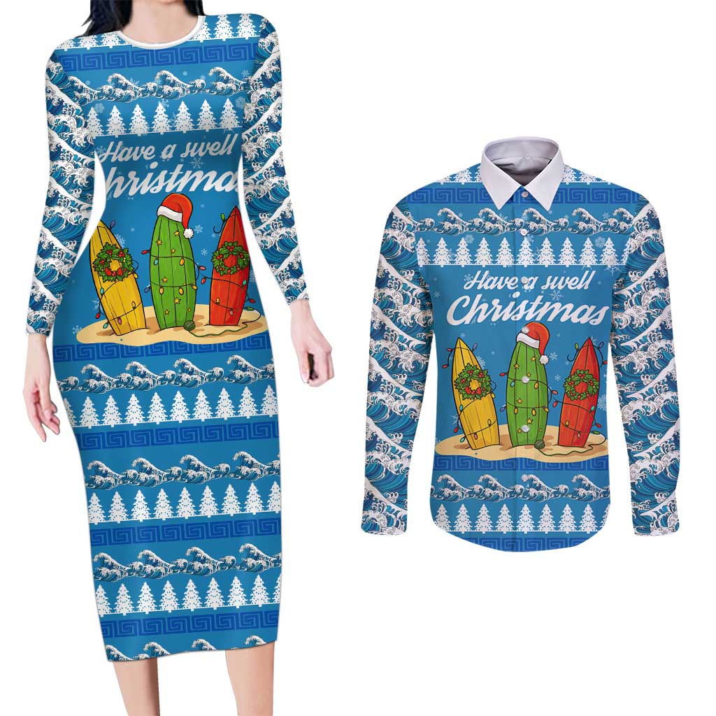 Surfer Swell Christmas Couples Matching Long Sleeve Bodycon Dress and Long Sleeve Button Shirt Xmas Holiday Patterns - Wonder Print Shop