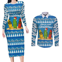 Surfer Swell Christmas Couples Matching Long Sleeve Bodycon Dress and Long Sleeve Button Shirt Xmas Holiday Patterns - Wonder Print Shop