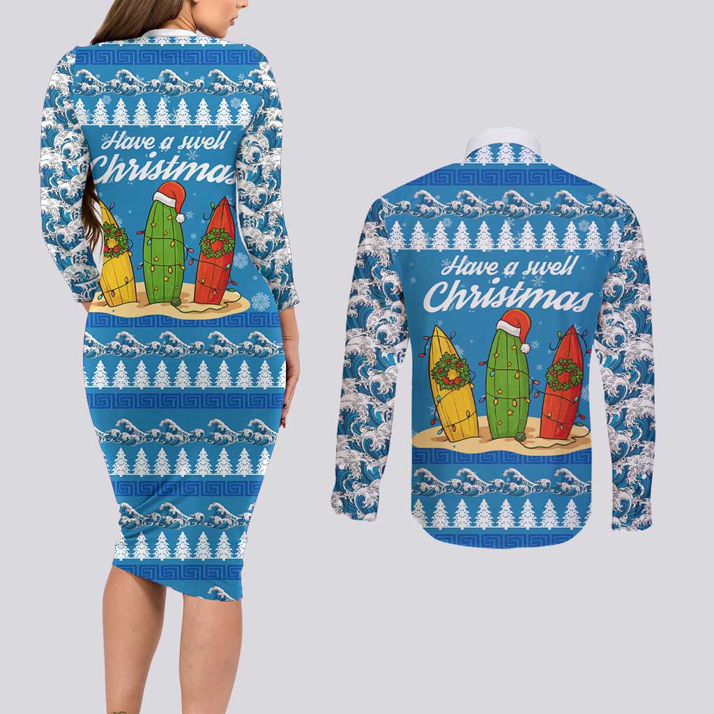 Surfer Swell Christmas Couples Matching Long Sleeve Bodycon Dress and Long Sleeve Button Shirt Xmas Holiday Patterns - Wonder Print Shop