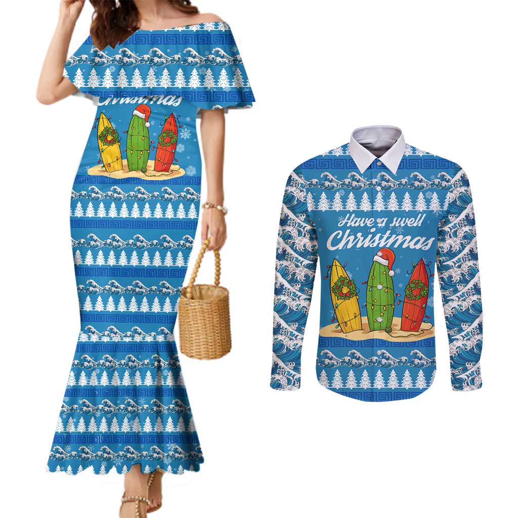 Surfer Swell Christmas Couples Matching Mermaid Dress and Long Sleeve Button Shirt Xmas Holiday Patterns - Wonder Print Shop