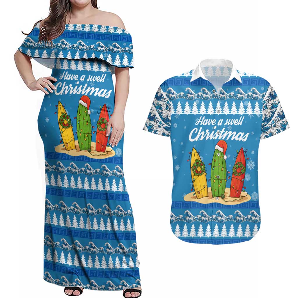 Surfer Swell Christmas Couples Matching Off Shoulder Maxi Dress and Hawaiian Shirt Xmas Holiday Patterns - Wonder Print Shop