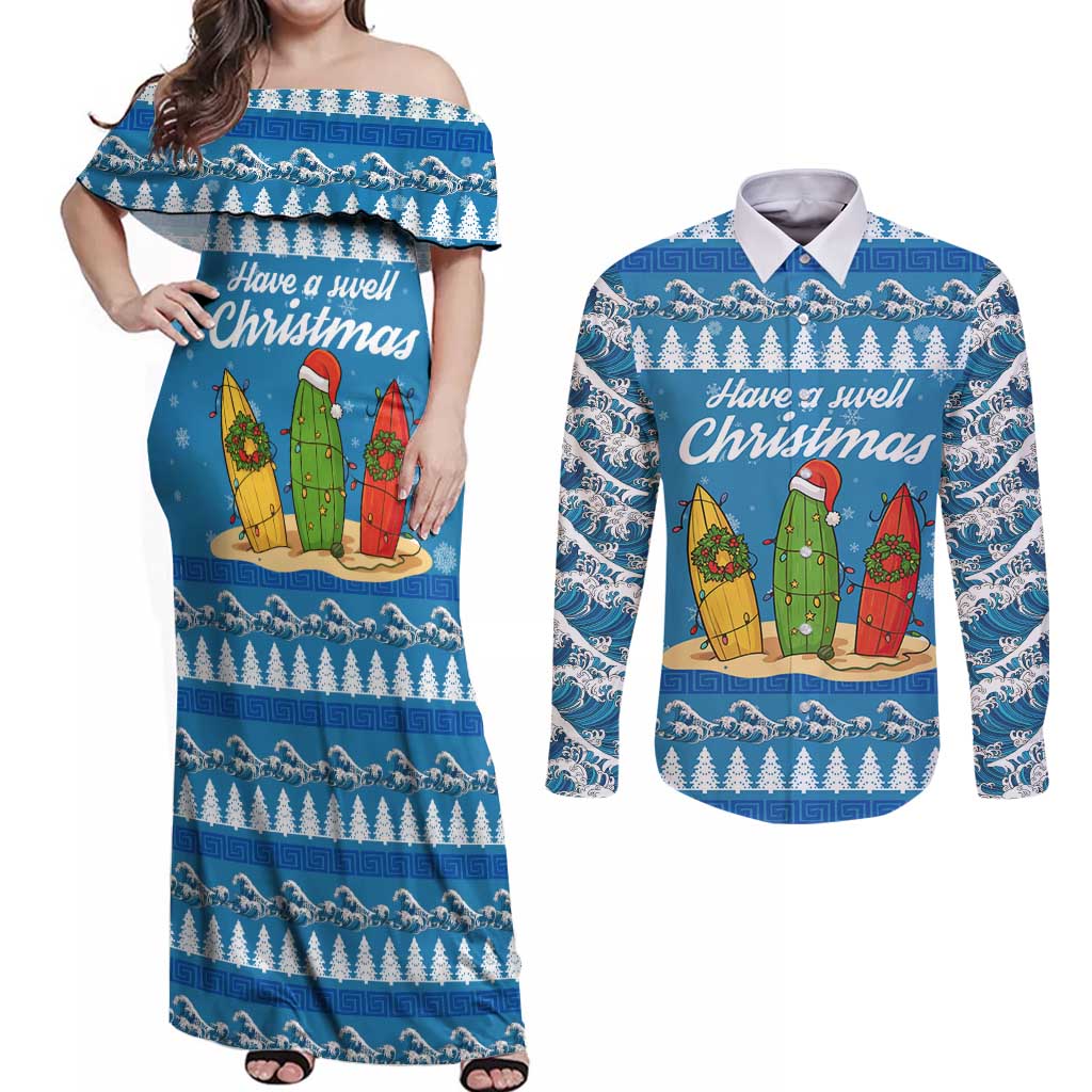 Surfer Swell Christmas Couples Matching Off Shoulder Maxi Dress and Long Sleeve Button Shirt Xmas Holiday Patterns - Wonder Print Shop