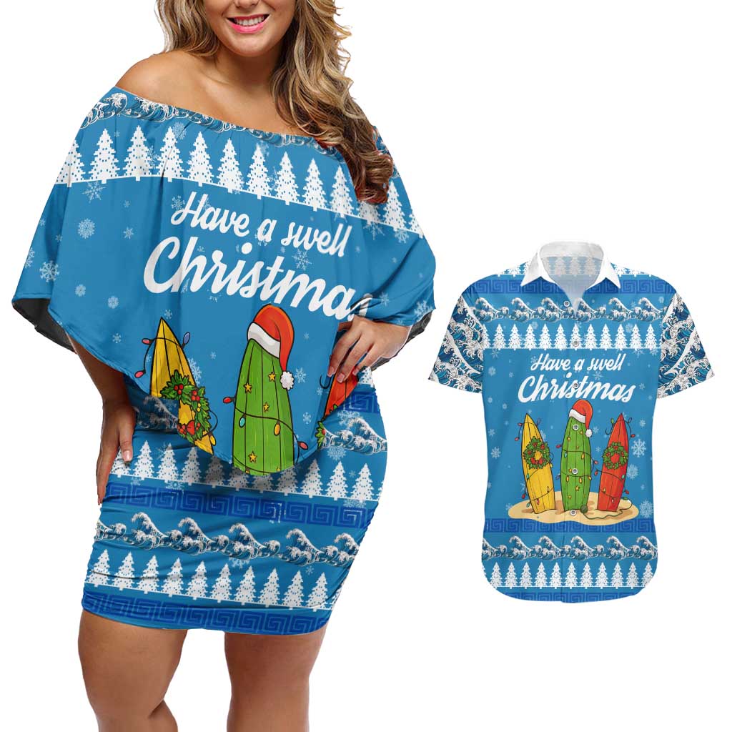 Surfer Swell Christmas Couples Matching Off Shoulder Short Dress and Hawaiian Shirt Xmas Holiday Patterns - Wonder Print Shop