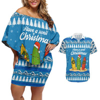 Surfer Swell Christmas Couples Matching Off Shoulder Short Dress and Hawaiian Shirt Xmas Holiday Patterns - Wonder Print Shop