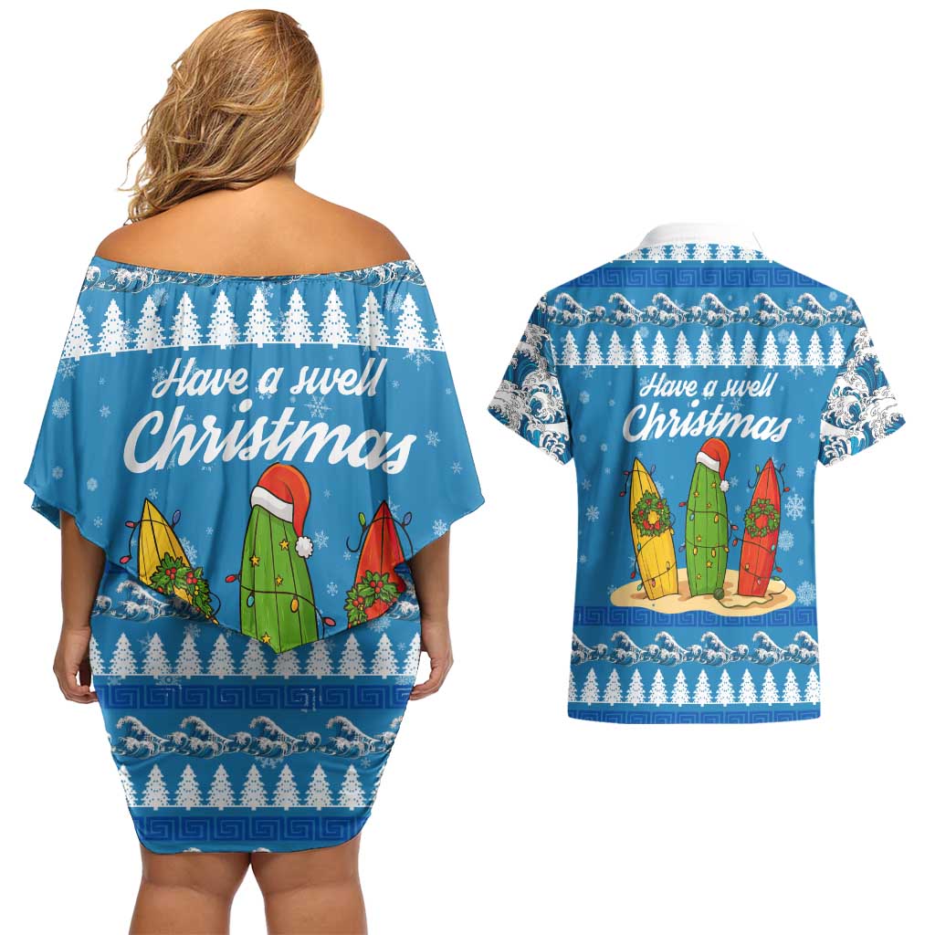 Surfer Swell Christmas Couples Matching Off Shoulder Short Dress and Hawaiian Shirt Xmas Holiday Patterns - Wonder Print Shop
