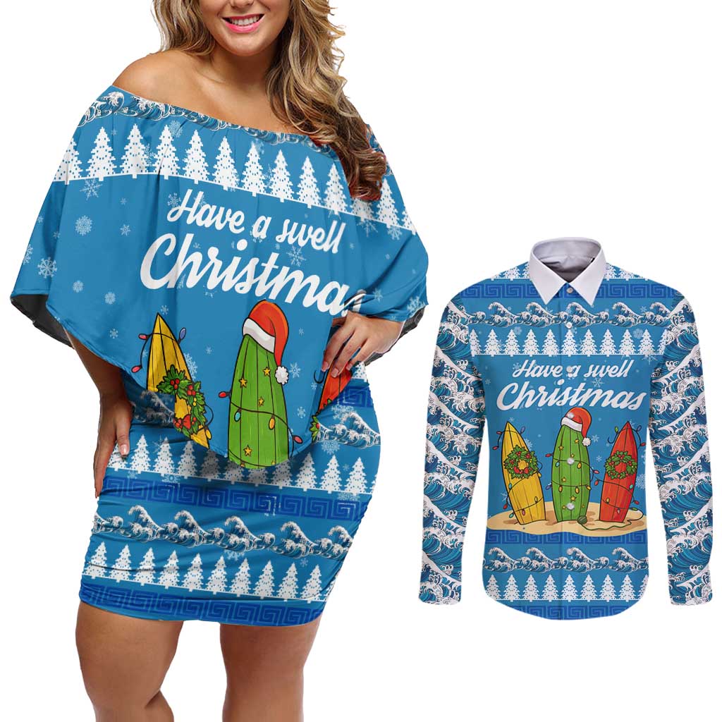 Surfer Swell Christmas Couples Matching Off Shoulder Short Dress and Long Sleeve Button Shirt Xmas Holiday Patterns - Wonder Print Shop