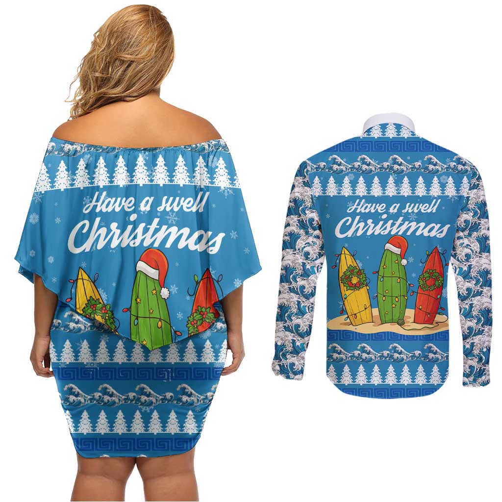Surfer Swell Christmas Couples Matching Off Shoulder Short Dress and Long Sleeve Button Shirt Xmas Holiday Patterns - Wonder Print Shop