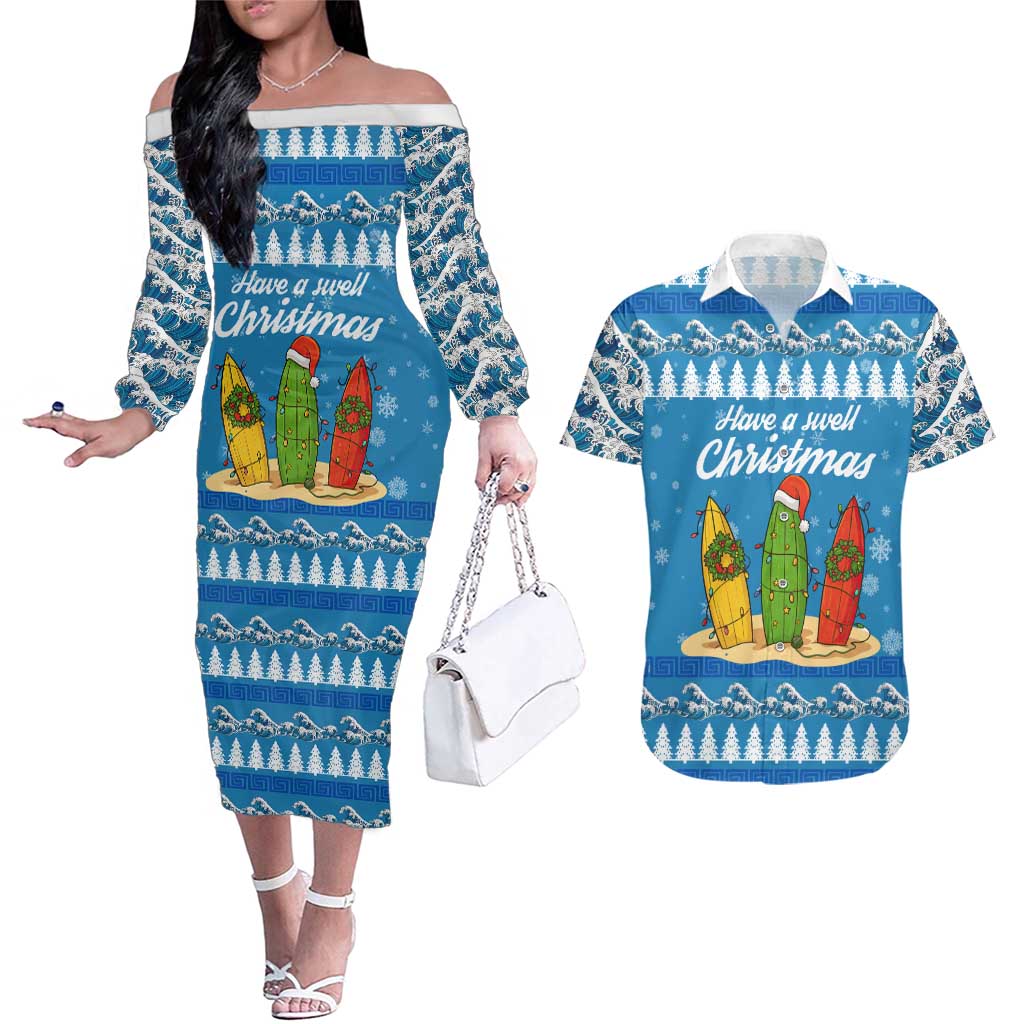 Surfer Swell Christmas Couples Matching Off The Shoulder Long Sleeve Dress and Hawaiian Shirt Xmas Holiday Patterns - Wonder Print Shop