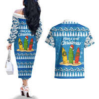 Surfer Swell Christmas Couples Matching Off The Shoulder Long Sleeve Dress and Hawaiian Shirt Xmas Holiday Patterns - Wonder Print Shop