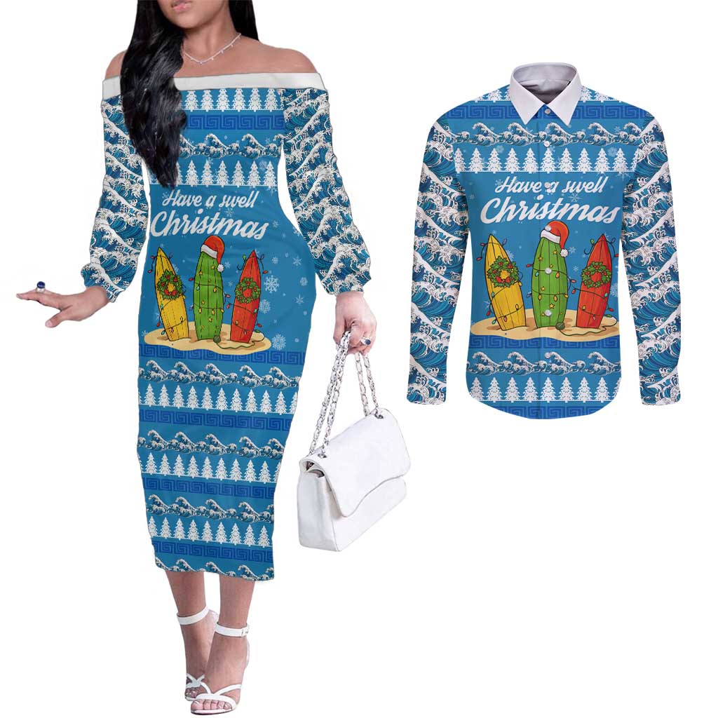Surfer Swell Christmas Couples Matching Off The Shoulder Long Sleeve Dress and Long Sleeve Button Shirt Xmas Holiday Patterns - Wonder Print Shop