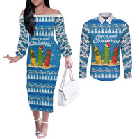 Surfer Swell Christmas Couples Matching Off The Shoulder Long Sleeve Dress and Long Sleeve Button Shirt Xmas Holiday Patterns - Wonder Print Shop
