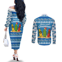 Surfer Swell Christmas Couples Matching Off The Shoulder Long Sleeve Dress and Long Sleeve Button Shirt Xmas Holiday Patterns - Wonder Print Shop