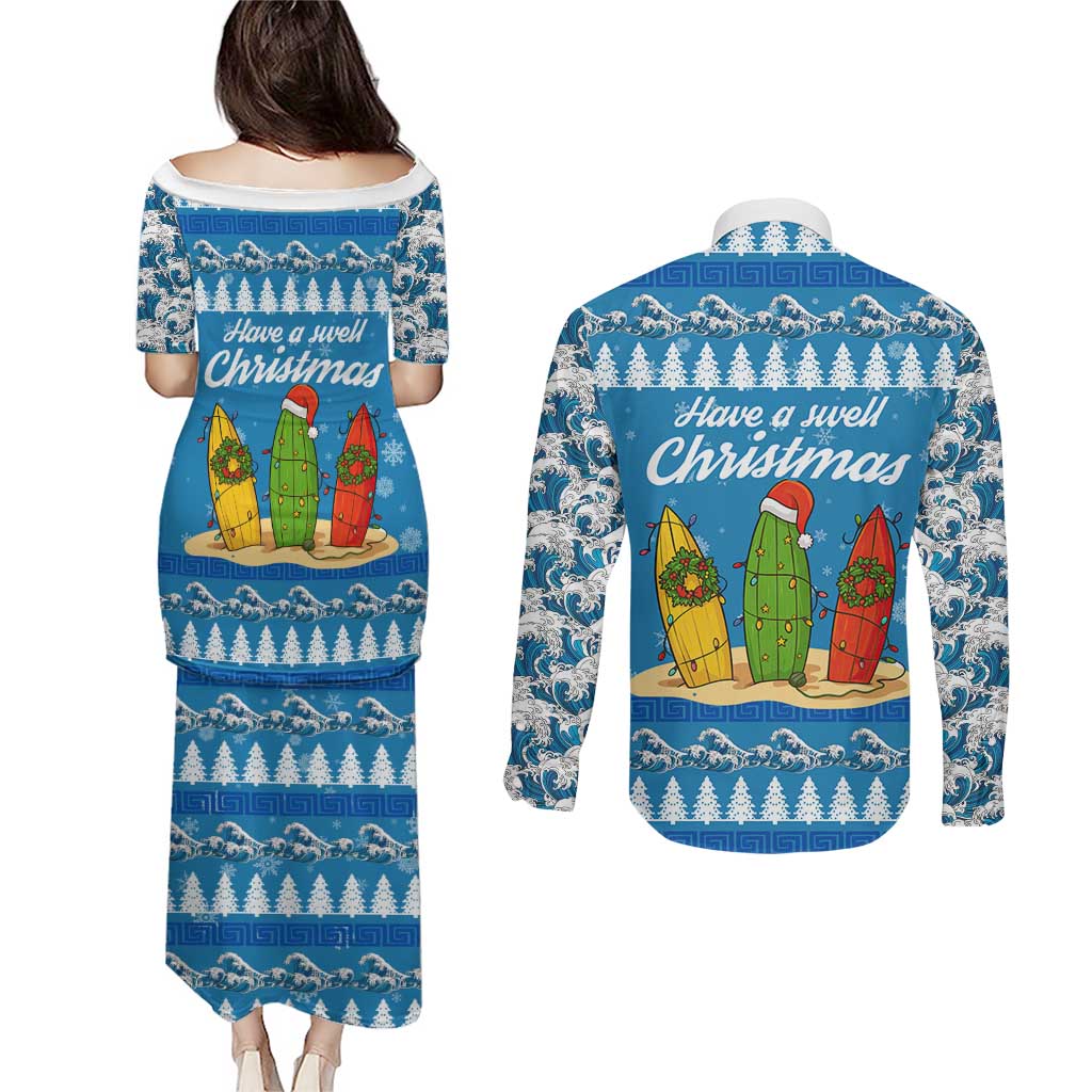 Surfer Swell Christmas Couples Matching Puletasi and Long Sleeve Button Shirt Xmas Holiday Patterns - Wonder Print Shop
