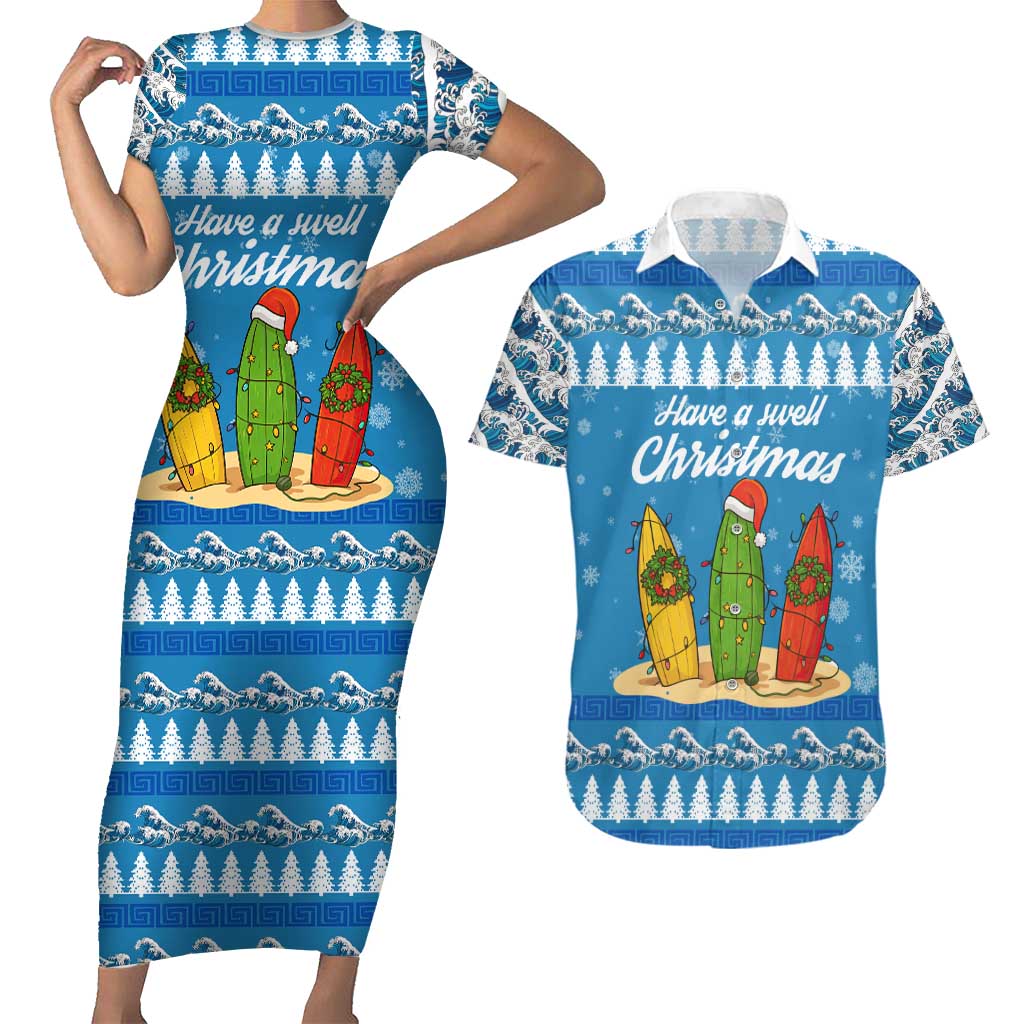Surfer Swell Christmas Couples Matching Short Sleeve Bodycon Dress and Hawaiian Shirt Xmas Holiday Patterns - Wonder Print Shop