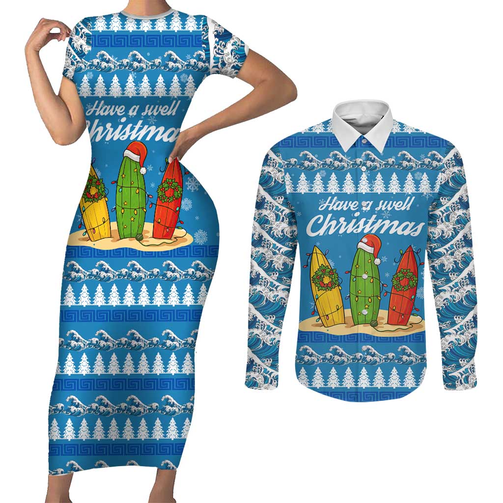 Surfer Swell Christmas Couples Matching Short Sleeve Bodycon Dress and Long Sleeve Button Shirt Xmas Holiday Patterns - Wonder Print Shop