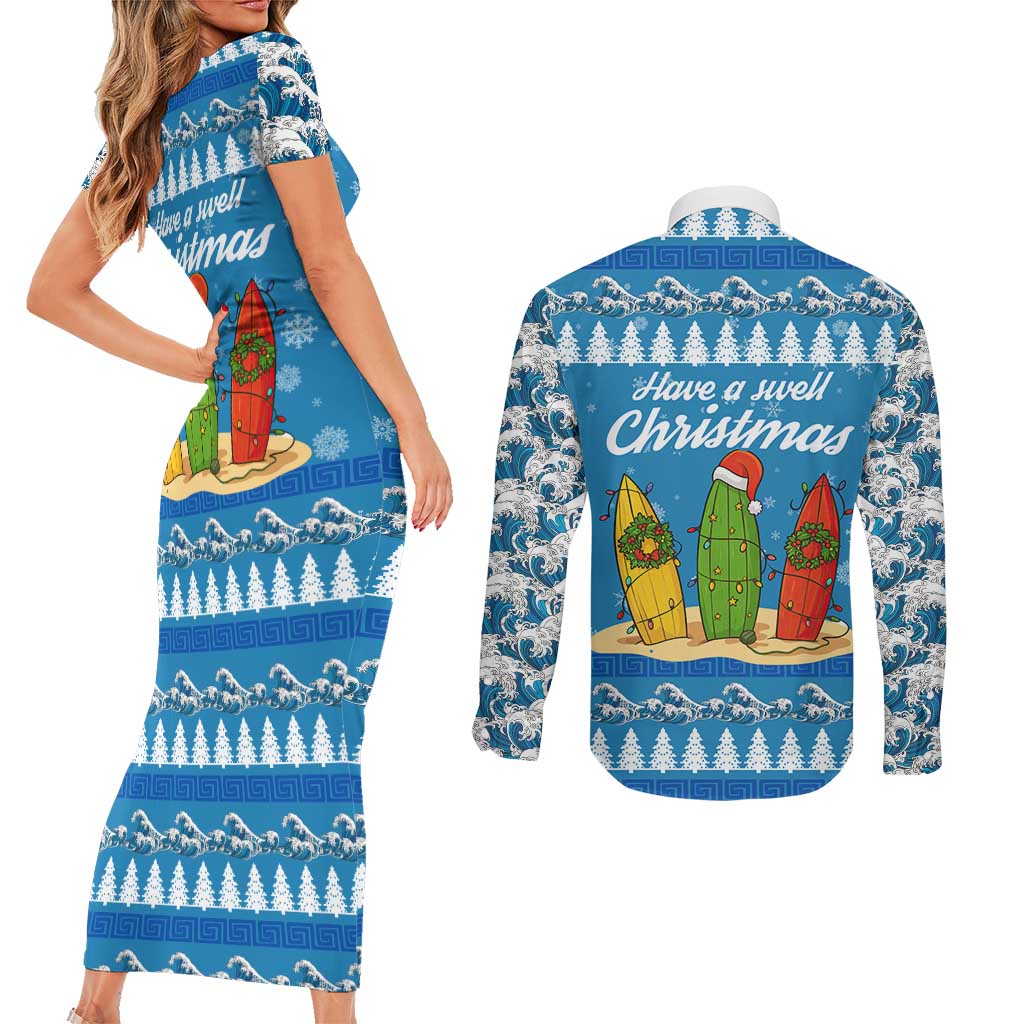 Surfer Swell Christmas Couples Matching Short Sleeve Bodycon Dress and Long Sleeve Button Shirt Xmas Holiday Patterns - Wonder Print Shop