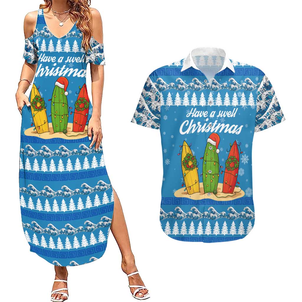 Surfer Swell Christmas Couples Matching Summer Maxi Dress and Hawaiian Shirt Xmas Holiday Patterns - Wonder Print Shop