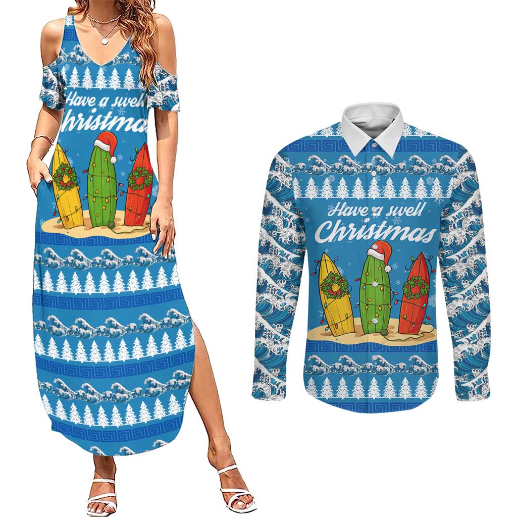 Surfer Swell Christmas Couples Matching Summer Maxi Dress and Long Sleeve Button Shirt Xmas Holiday Patterns - Wonder Print Shop
