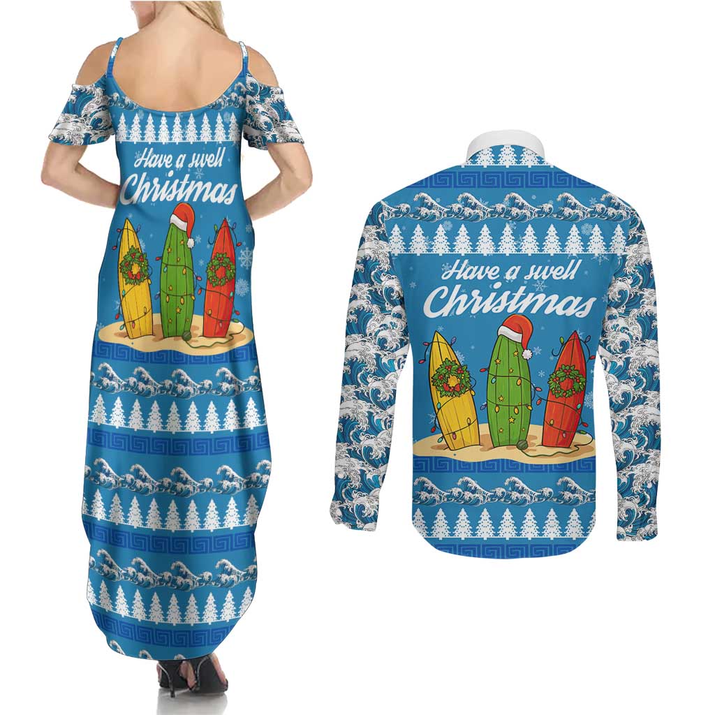 Surfer Swell Christmas Couples Matching Summer Maxi Dress and Long Sleeve Button Shirt Xmas Holiday Patterns - Wonder Print Shop
