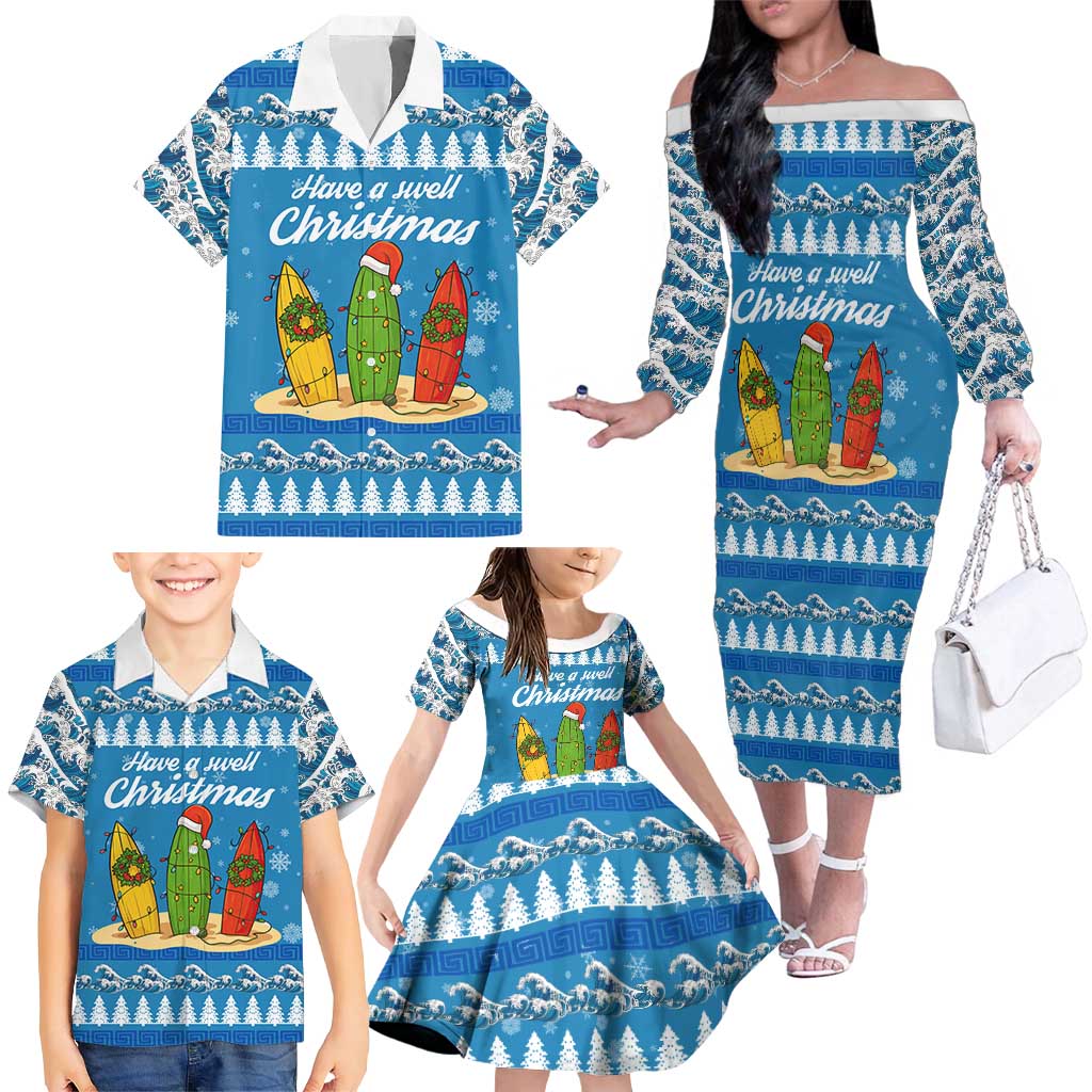 Surfer Swell Christmas Family Matching Off The Shoulder Long Sleeve Dress and Hawaiian Shirt Xmas Holiday Patterns - Wonder Print Shop
