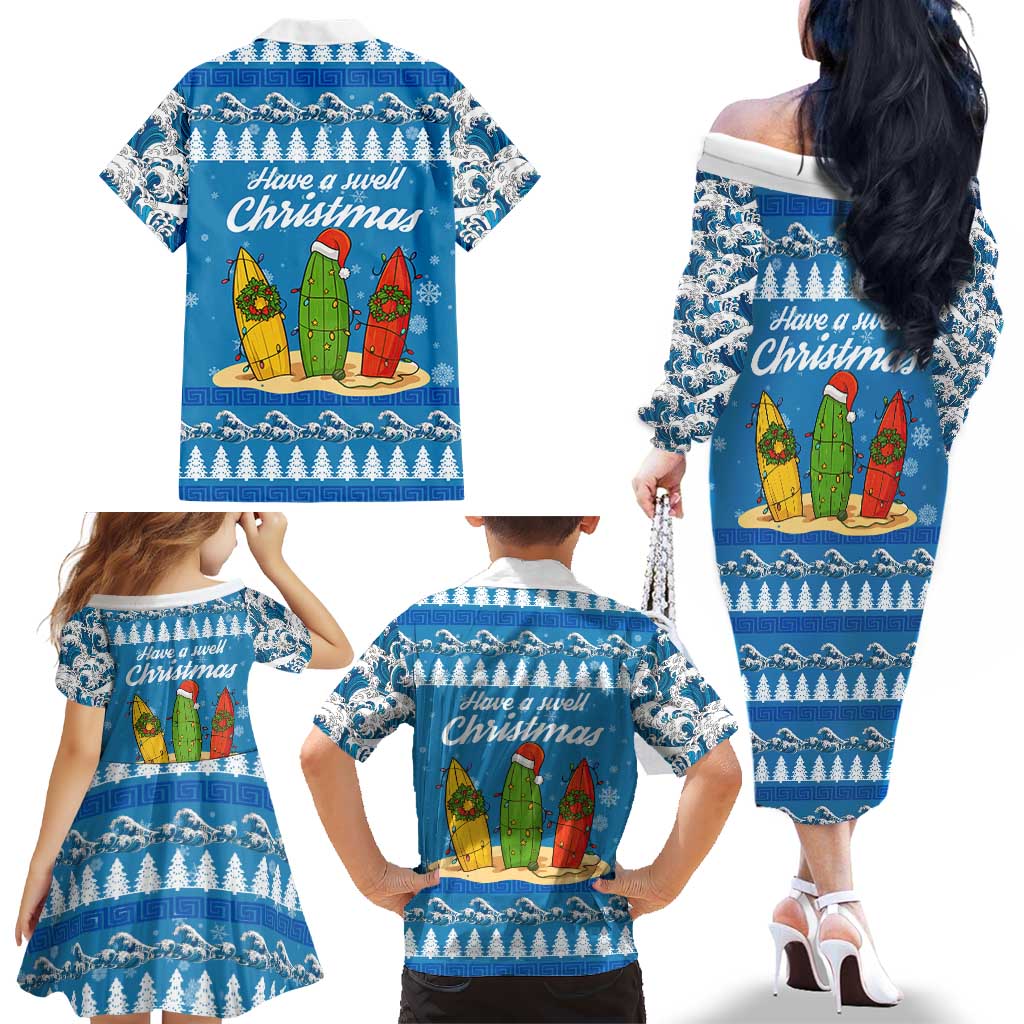 Surfer Swell Christmas Family Matching Off The Shoulder Long Sleeve Dress and Hawaiian Shirt Xmas Holiday Patterns - Wonder Print Shop
