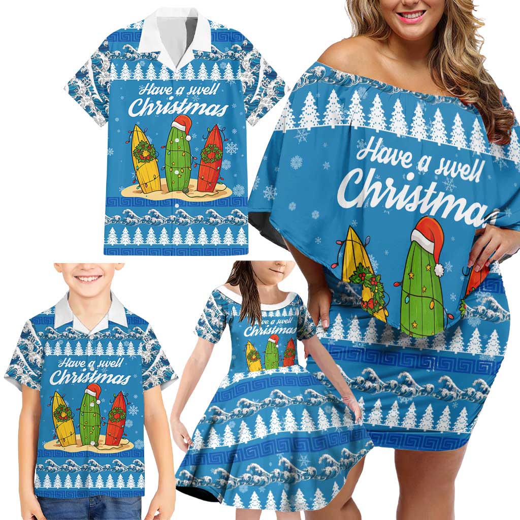 Surfer Swell Christmas Family Matching Off Shoulder Short Dress and Hawaiian Shirt Xmas Holiday Patterns - Wonder Print Shop