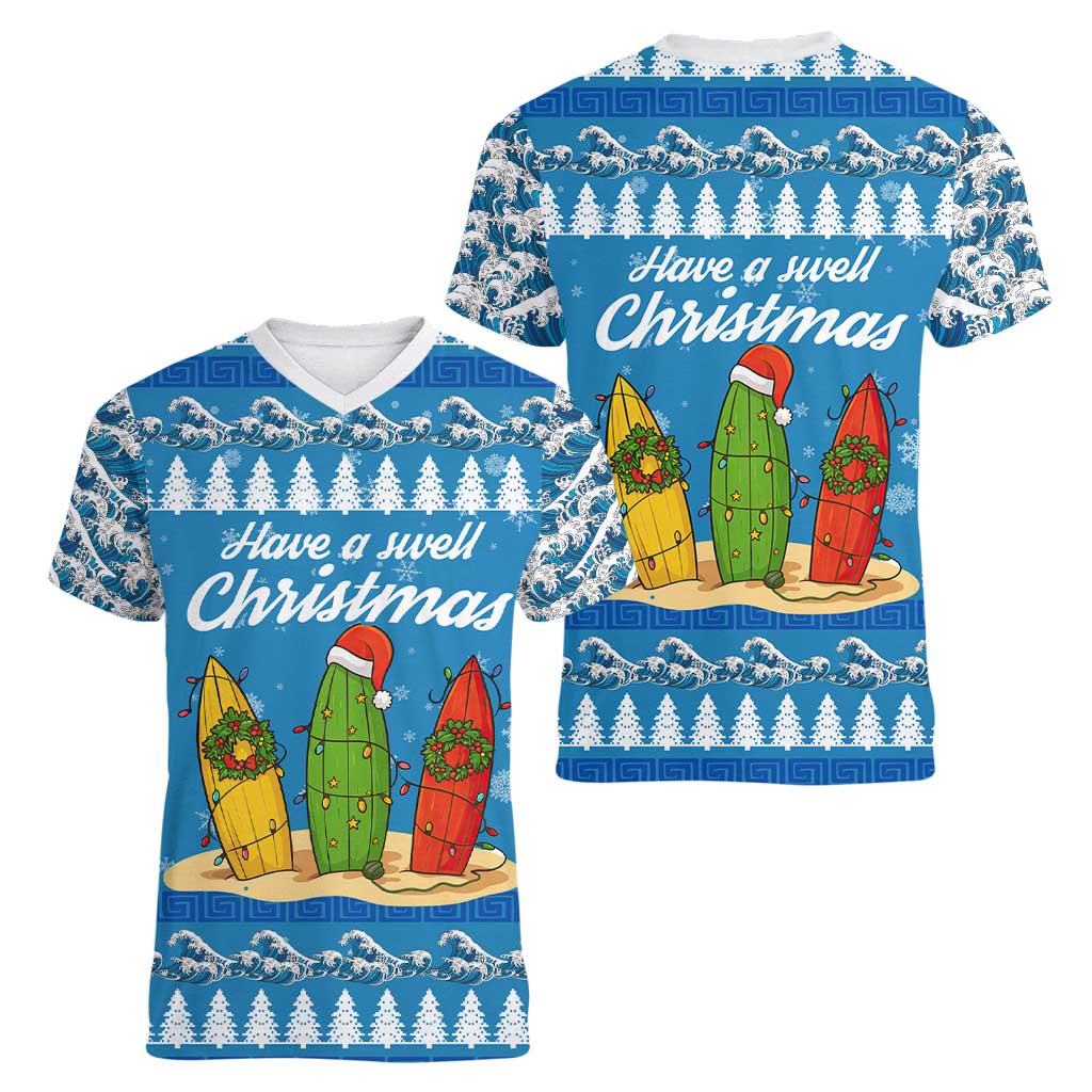 Surfer Swell Christmas Women V-Neck T-Shirt Xmas Holiday Patterns - Wonder Print Shop